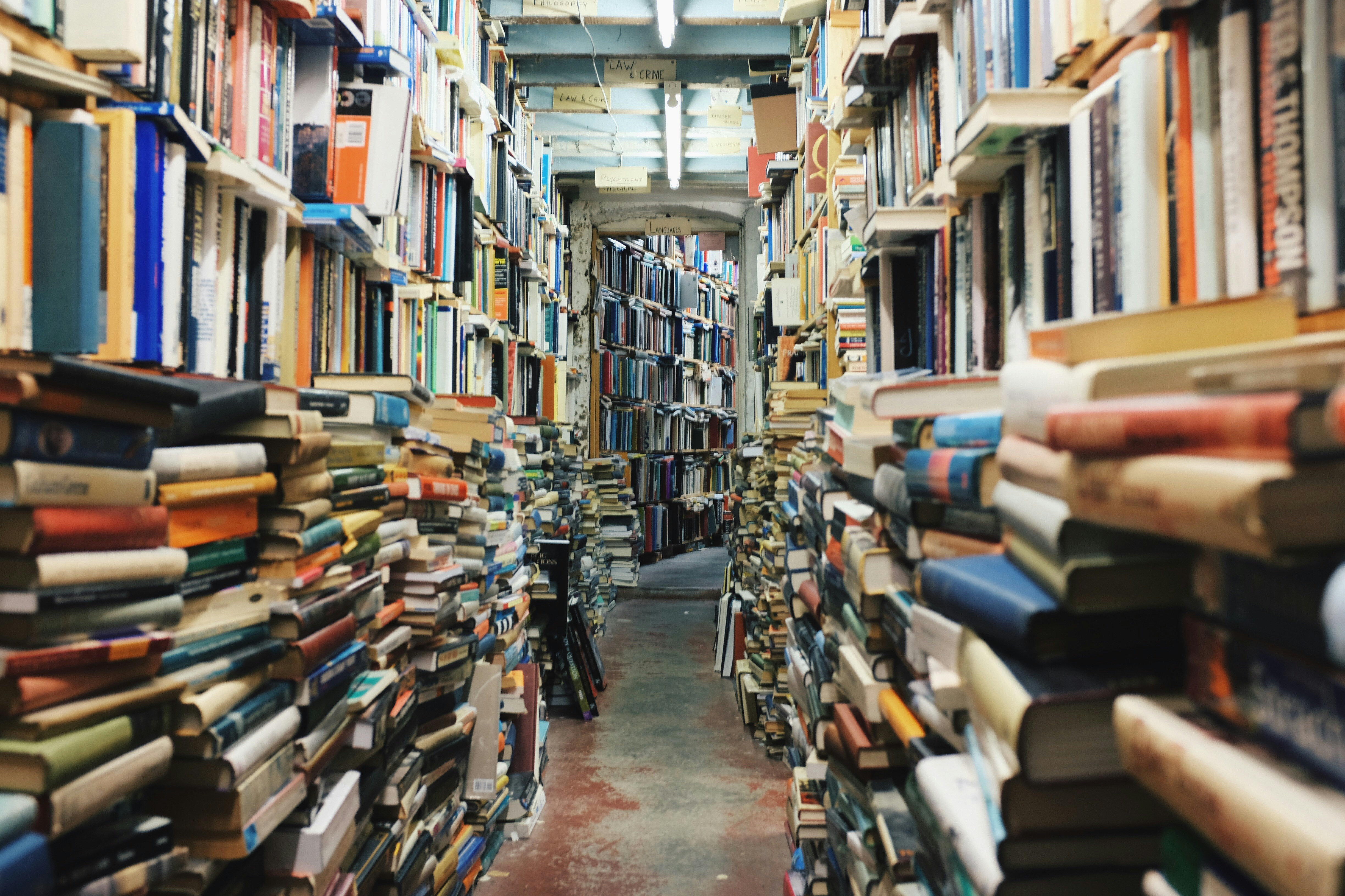 Bookshelves of stacked books